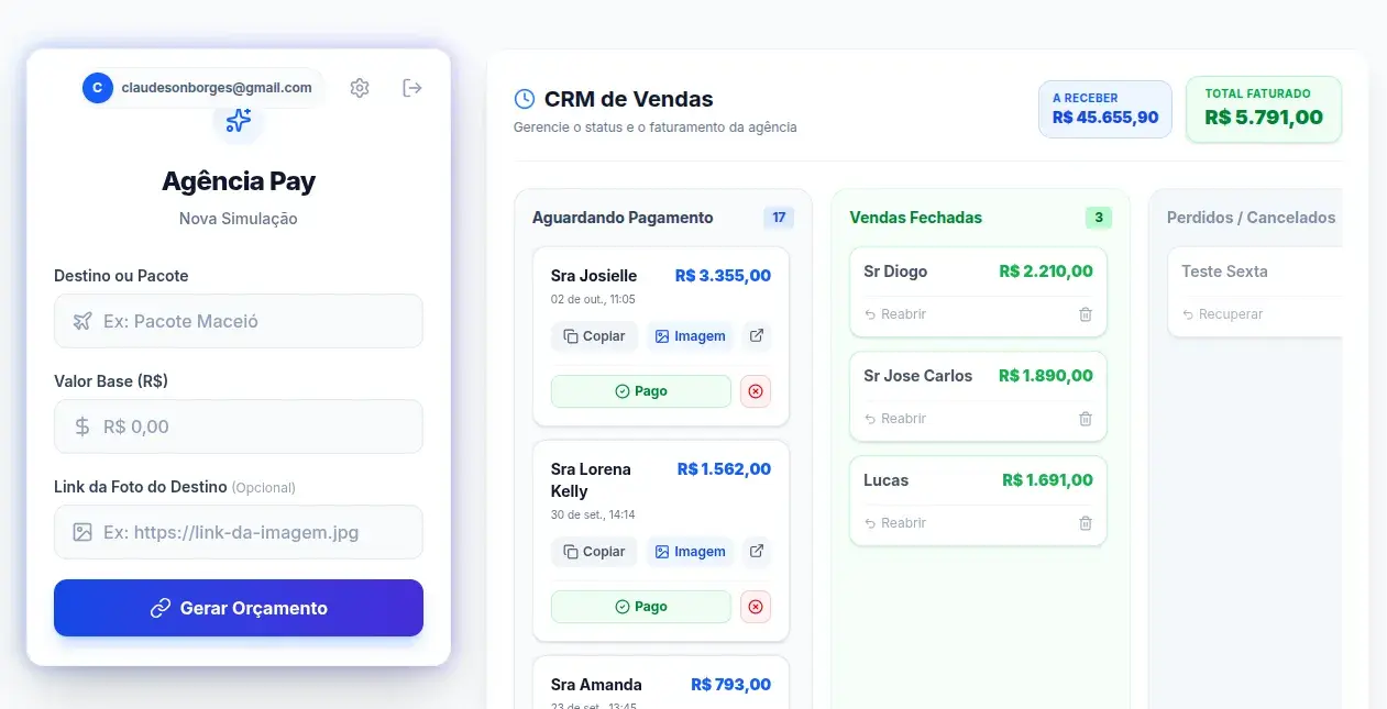 Tela da Agenda-Pay com formulário de Nova Simulação e CRM de Vendas em colunas.