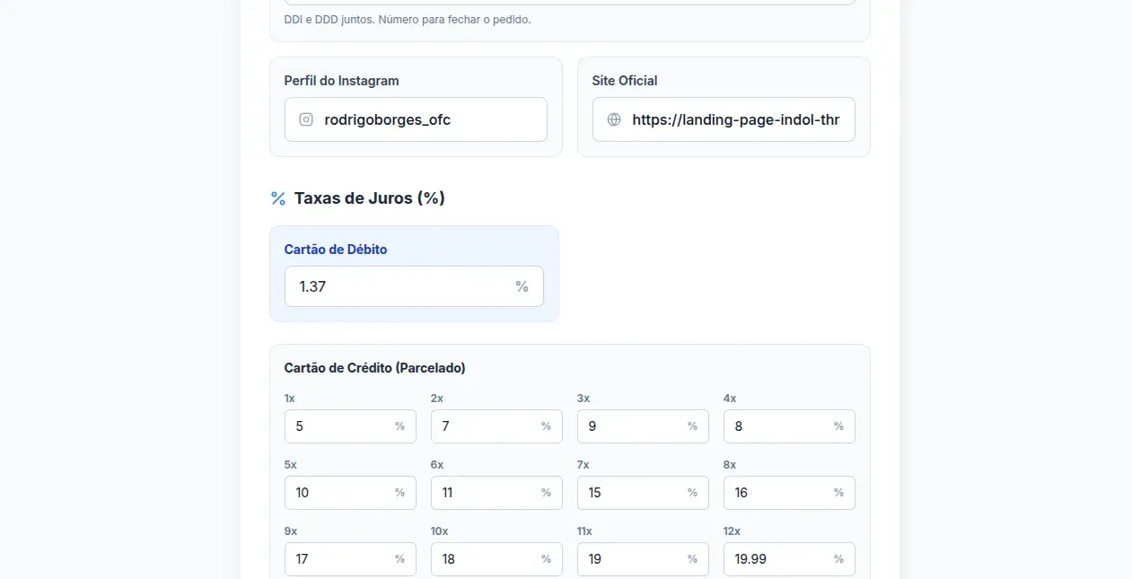 Tela de configuração da Agenda-Pay com condições de débito e parcelamento no cartão.