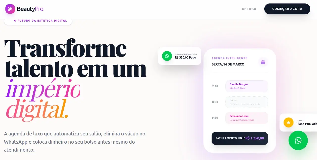 Página do BeautyPro com proposta do produto, agenda de atendimentos e painel de faturamento.