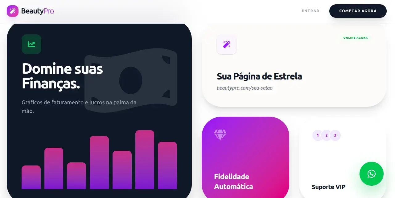 Tela do BeautyPro apresentando finanças, página profissional, fidelidade e suporte.