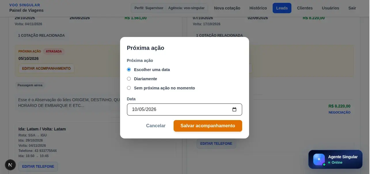 Janela de Próxima ação do CRM Voo Singular para programar o acompanhamento comercial.